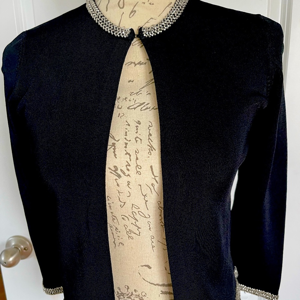 Black 3/4 knit jacket with silver sequins around neck, bottom and sleeves - Picture 1 of 6